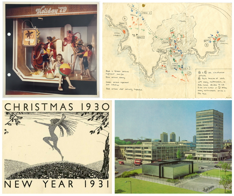 Composite of four images: photograph of mannequins wearing summer clothes; hand-drawn map with coloured arrows; relief print of figure in a field; scene of roundabout and tower block building.